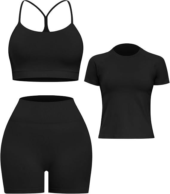Women's 3-Piece Seamless Workout Set – Sports Bra, Athletic Top & High-Waisted Shorts