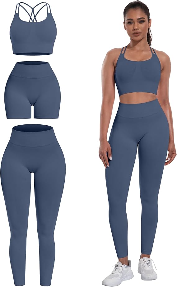 Women's 3-Piece Butt-Lifting Workout Set – Padded Criss-Cross Sports Bra, Leggings & Shorts