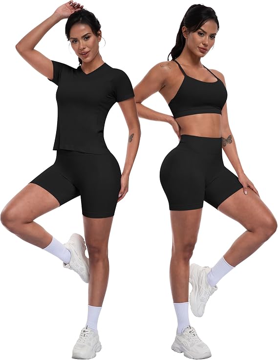 Women's 3-Piece Seamless Workout Set – Sports Bra, Athletic Top & High-Waisted Shorts