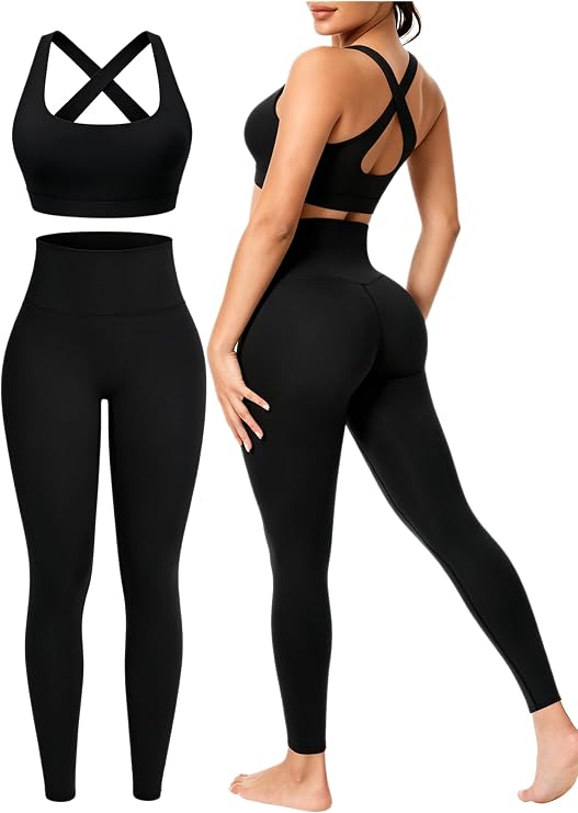 2-Piece Seamless Workout Set for Women – High-Waisted Leggings & Padded Sports Bra