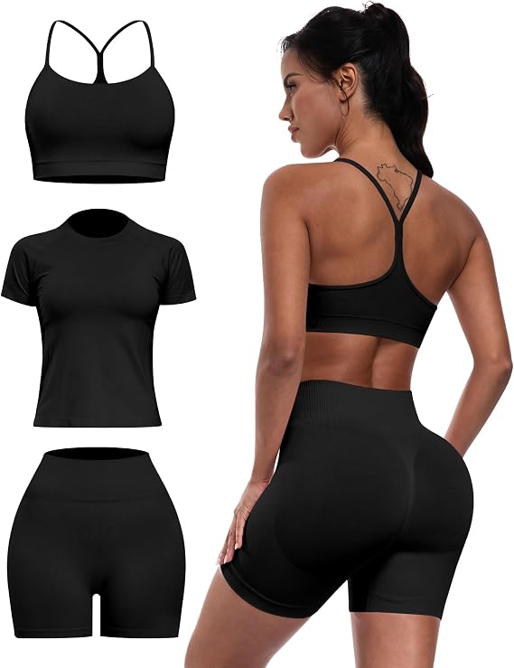 Women's 3-Piece Seamless Workout Set – Sports Bra, Athletic Top & High-Waisted Shorts