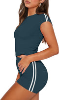 Women's 2-Piece Lounge Set – Contrast Stripe Top & High-Waisted Shorts