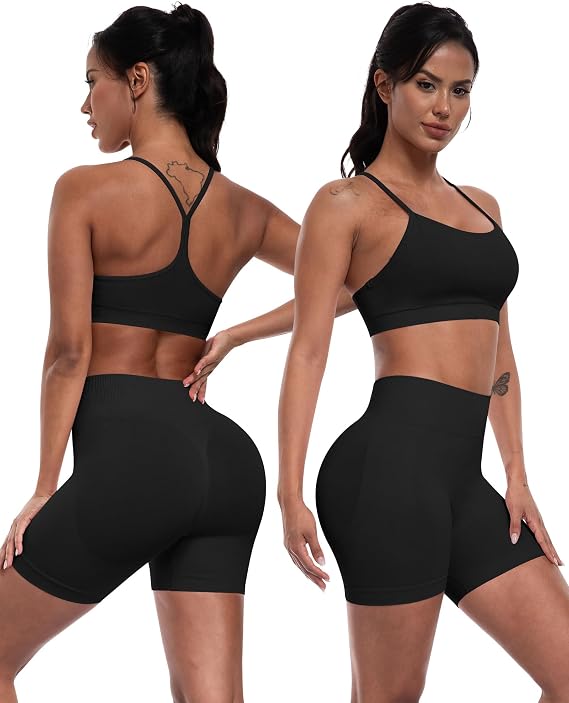 Women's 3-Piece Seamless Workout Set – Sports Bra, Athletic Top & High-Waisted Shorts