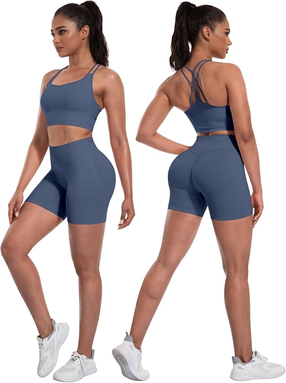 Women's 3-Piece Butt-Lifting Workout Set – Padded Criss-Cross Sports Bra, Leggings & Shorts