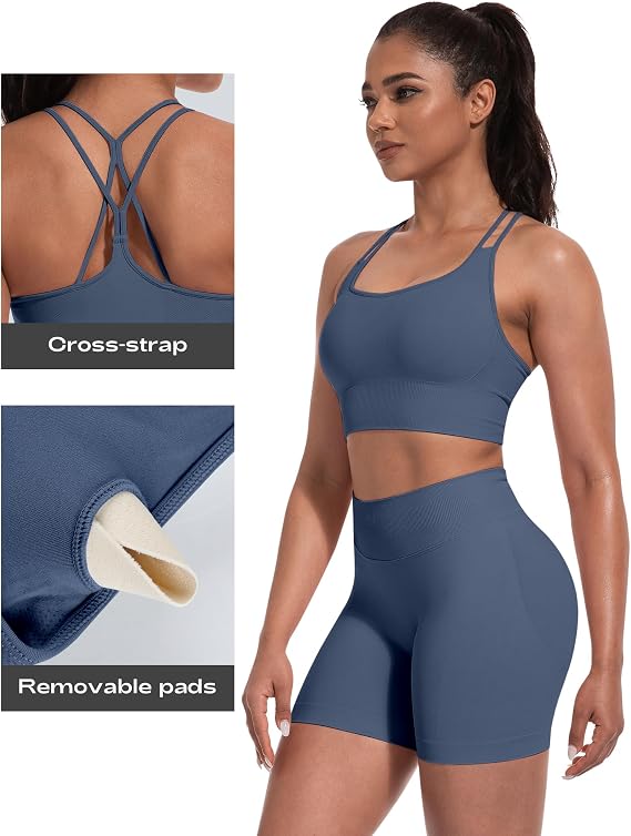 Women's 3-Piece Butt-Lifting Workout Set – Padded Criss-Cross Sports Bra, Leggings & Shorts