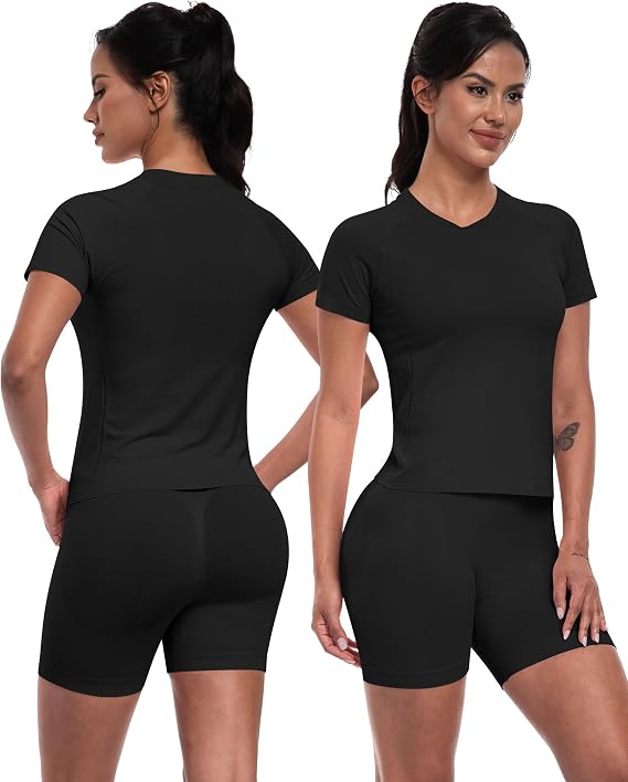 Women's 3-Piece Seamless Workout Set – Sports Bra, Athletic Top & High-Waisted Shorts