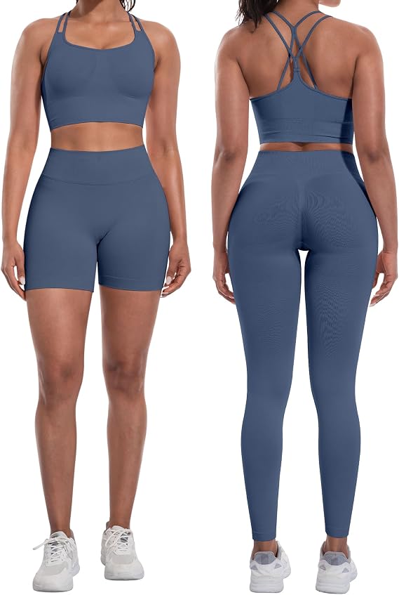 Women's 3-Piece Butt-Lifting Workout Set – Padded Criss-Cross Sports Bra, Leggings & Shorts